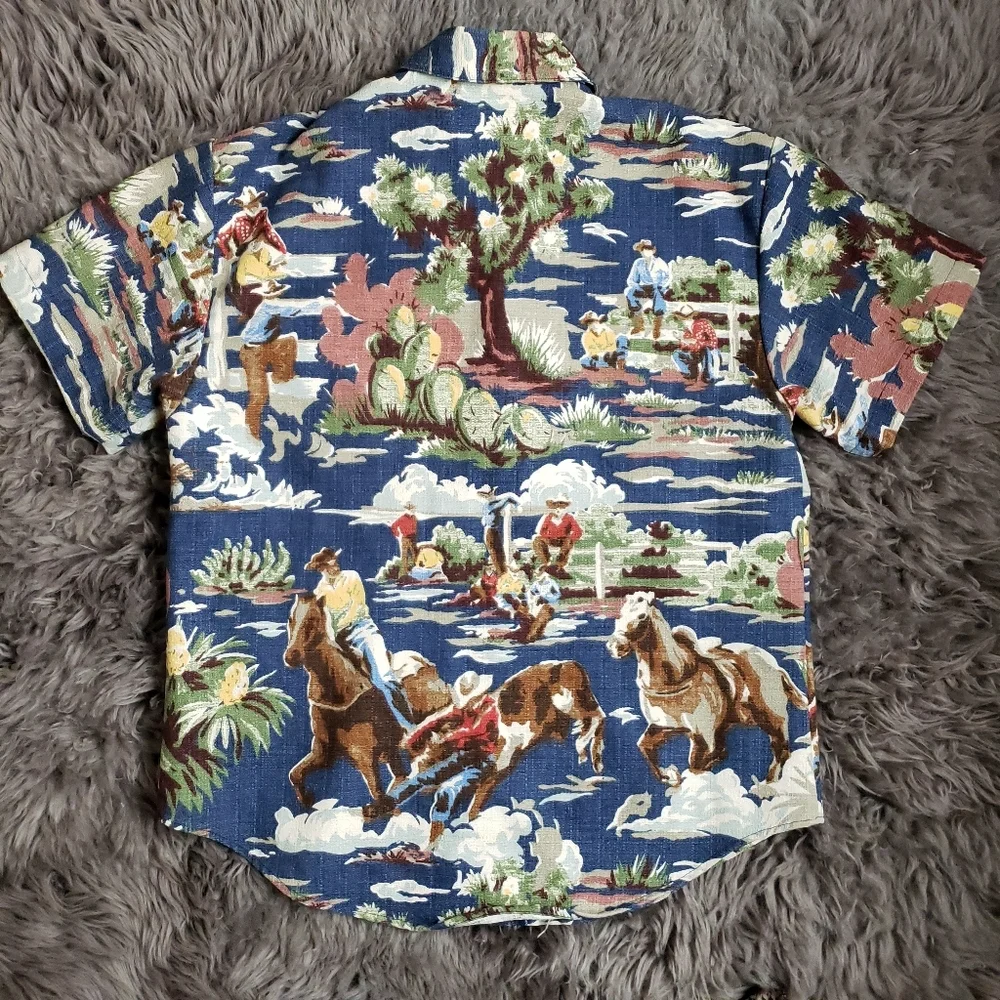Vintage Mens Barkcloth Western Cowboy Horse Button Front Printed Shirt - Picture 8 of 11
